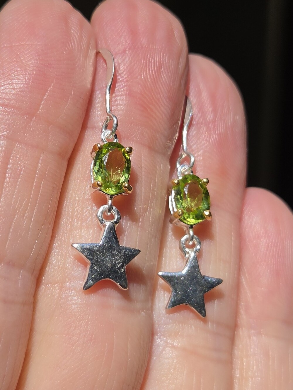 Peridot Natural 3k Gemstones Sterling Silver & Gold Star Hook Earrings - Picture 5 of 9